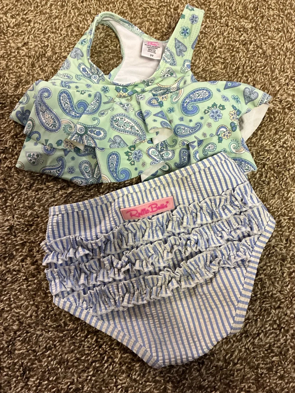 Ruffle Butts Mint Paisley Ruffle Swim Bottoms with Blue Stripes